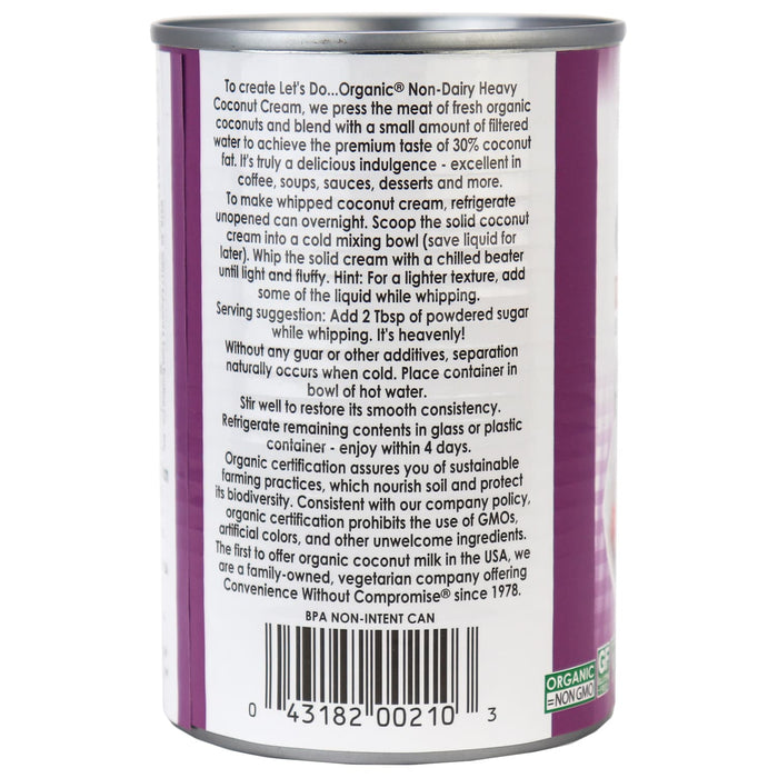 Let's Do Organic Coconut Cream, Organic Heavy 30% Coconut Fat 398ml