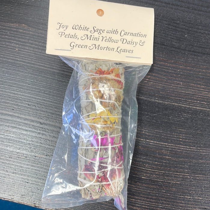 Joy White Sage Incense Wand with Carnation Petals, Mini Yellow Daisy & Green Morton Leaves 4"wand