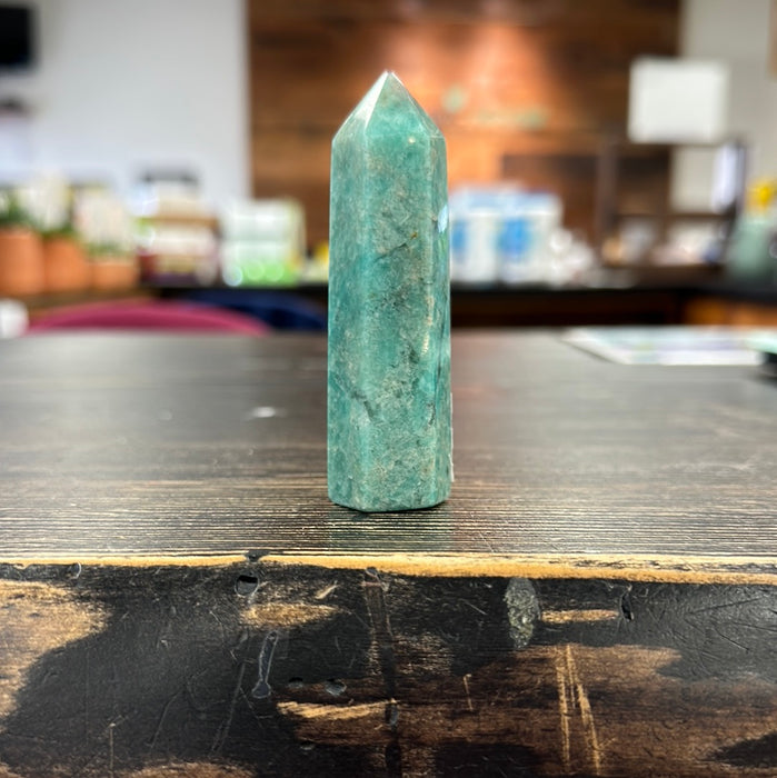 Polished Point - Amazonite with smokey quartz